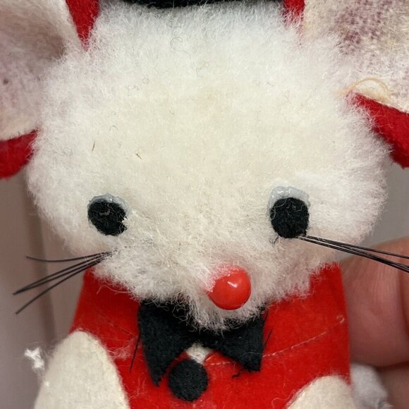 Vintage Christmas White Red Flocked Felt Mouse Mice Tree Ornaments Made in Japan - Picture 14 of 16